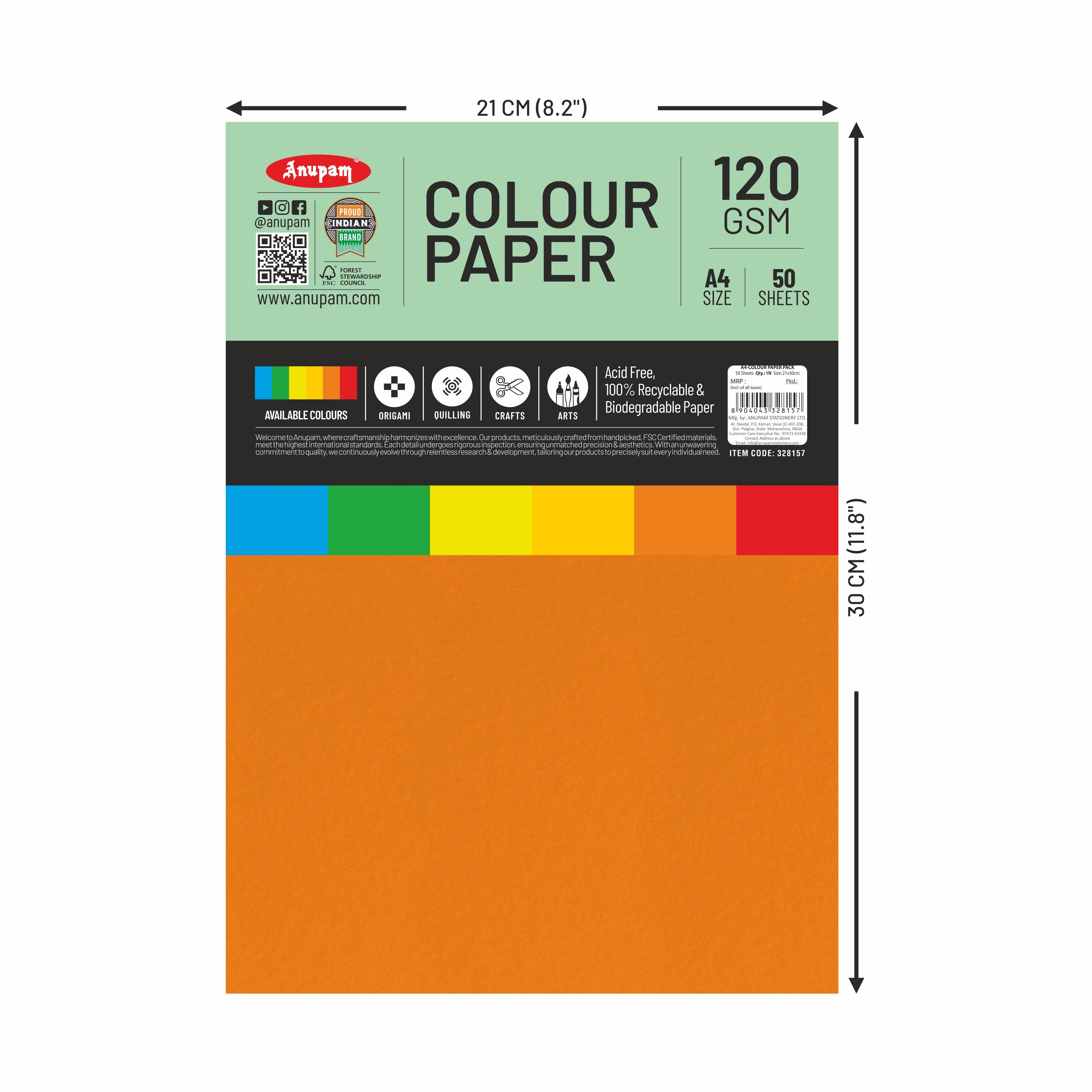 Anupam Assorted Colour-Loose Paper-120GSM-6 Colours Paper for Arts & Crafts-Quilling-Origami